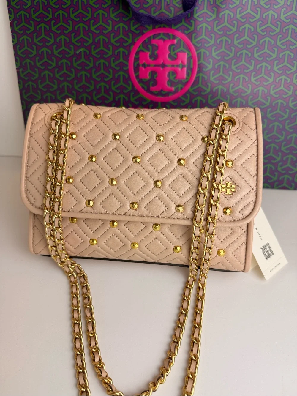 $528 Tory Burch Fleming Stud Small Shoulder Bag Goan Sand Beige Leather 46362